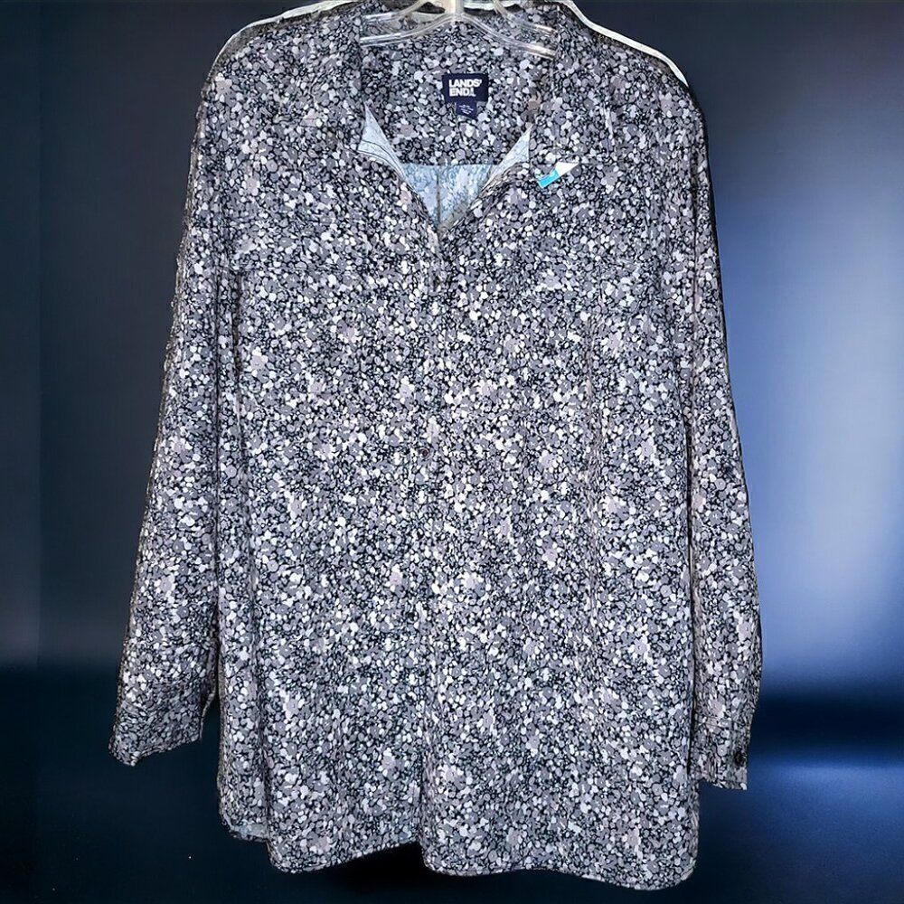 Land's End women multi gray shades floral adjustable long sleeve dress shirt